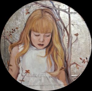 Blossom 16 x 16 x 1 inches Round Oil and Genuine Italian Silver on Canavs over wood SOLD