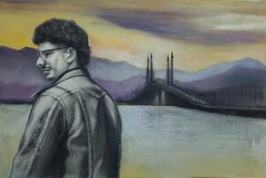 Follow the Sky 16 x 24 inches Charcoal and oil over Silver and Gold on paper Monitor size