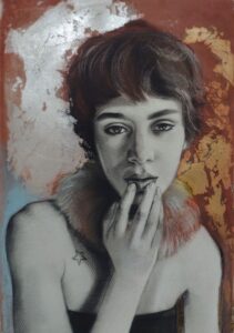 Mahshid Farhoudi Waiting for the Star to Fall 22 x 15 inches Charcoal, pastel,silver and Gold on paper Monitor size