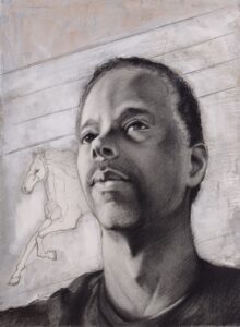 Marcus & Horse Charcol, Acrylic over gold and silver on paper 14 x 10 inches