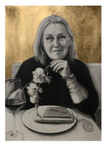 Portriat of Carol Bujeau Charcola and gold on paper Monitor size